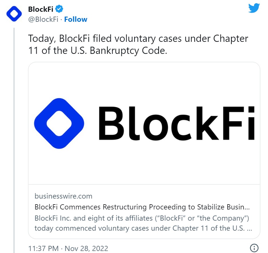 BlockFi申请破产保护！负债超10亿，寒流席卷整个市场！